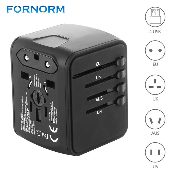 FORNORM Universal Travel Adapter All-in-one International Travel Charger 5V 2.4A 4 USB Ports Wall Charger for US/EU/AUS/UK